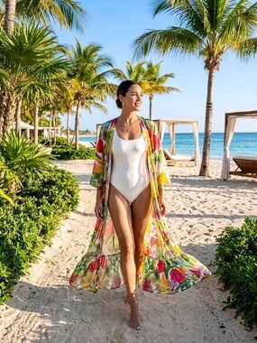 Bindya New York Floral Beach Cover Up Kimono Duster NWT